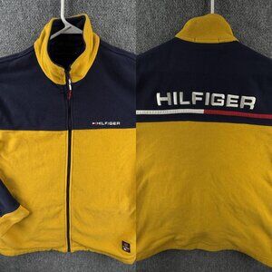 VTG Tommy Hilfiger Fleece Full Zip Jacket Yellow Blue Men Large 90s Spell Out